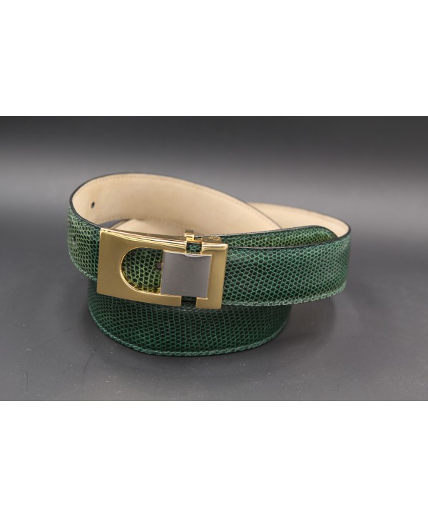 Green colored lizard skin belt - golden and nickel buckle