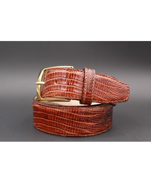 Lizard-style brown leather belt - golden buckle