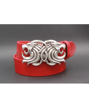Large red belt two lion head buckle