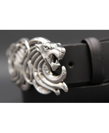 Large black belt two lion head buckle - other buckle detail