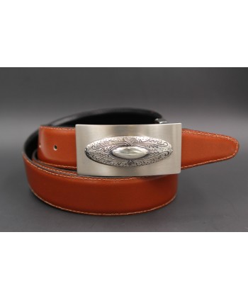 Reversible leather belt with western buckle - Cognac-Black