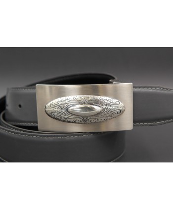 Reversible leather belt with western buckle - Grey-Black - buckle detail