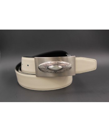 Reversible leather belt with western buckle - White cream-Black