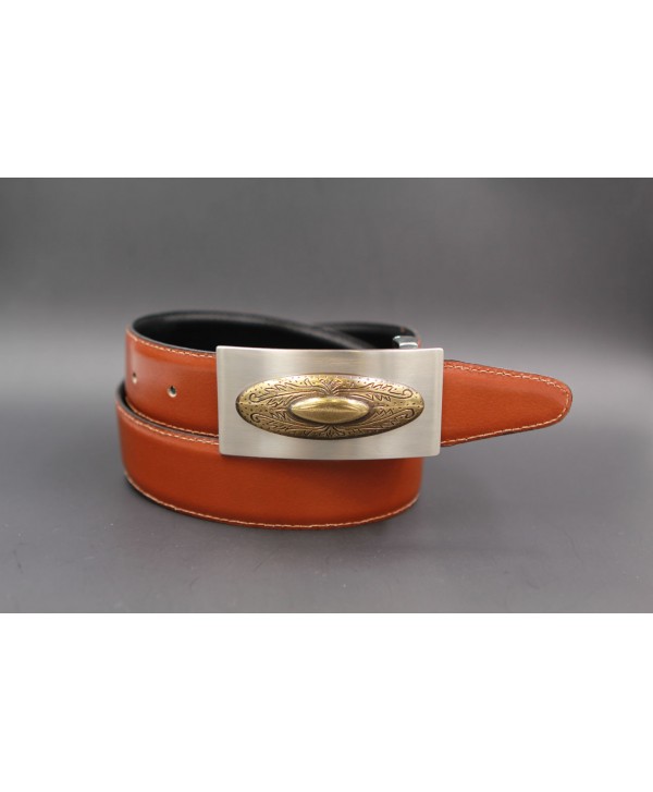 Reversible leather belt with nickel golden western buckle - Cognac-black