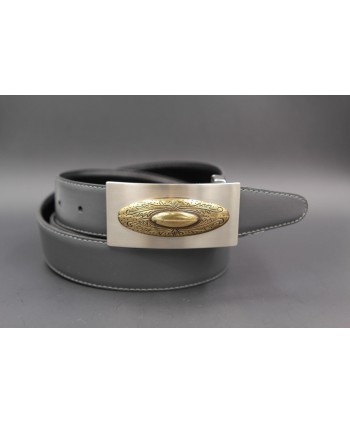 Reversible leather belt with nickel golden western buckle - Grey-black