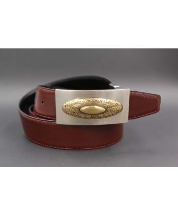 Reversible leather belt with nickel golden western buckle - Brown-black