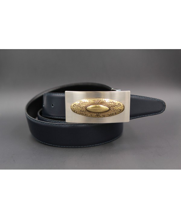 Reversible leather belt with nickel golden western buckle - Navy blue-brown