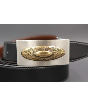 Reversible leather belt with nickel golden western buckle - Black-brown - buckle detail