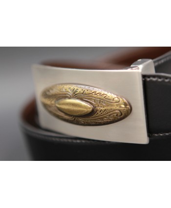 Reversible leather belt with nickel golden western buckle - Black-brown - buckle detail - other view