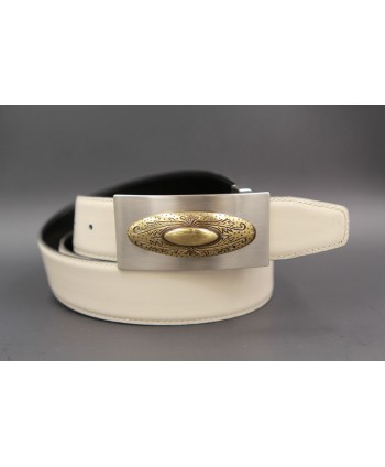 Reversible leather belt with nickel golden western buckle - White cream-brown