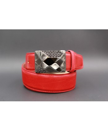 Leather red belt with elegant buckle set with black zircon