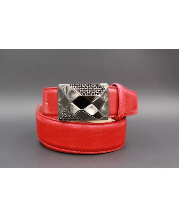 Leather red belt with elegant buckle set with black zircon