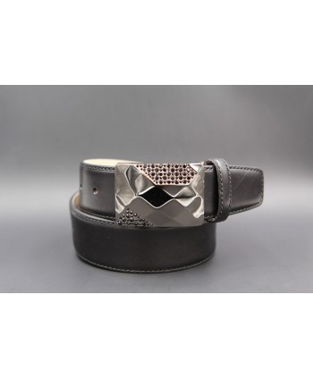 Leather black belt with elegant buckle set with black zircon