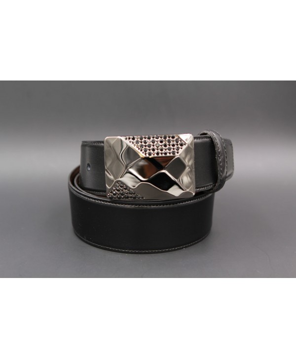 Reversible leather belt with elegant buckle set with black zircon - black side