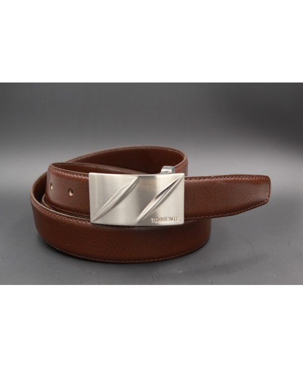 TORRENTE belt slit in brown calfskin, nickel buckle
