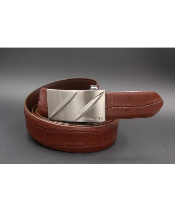 TORRENTE belt slit in brown calfskin imitation croco, nickel buckle