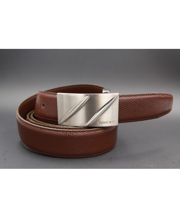 TORRENTE belt slit in brown calfskin imitation lizard, nickel buckle