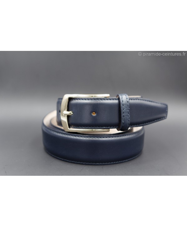 Navy smooth leather belt - golden buckle