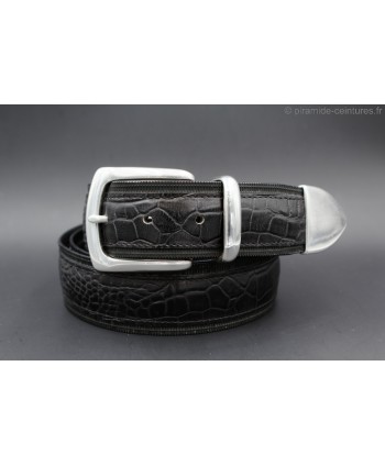 Black crocodile-style leather belt with full metal tip