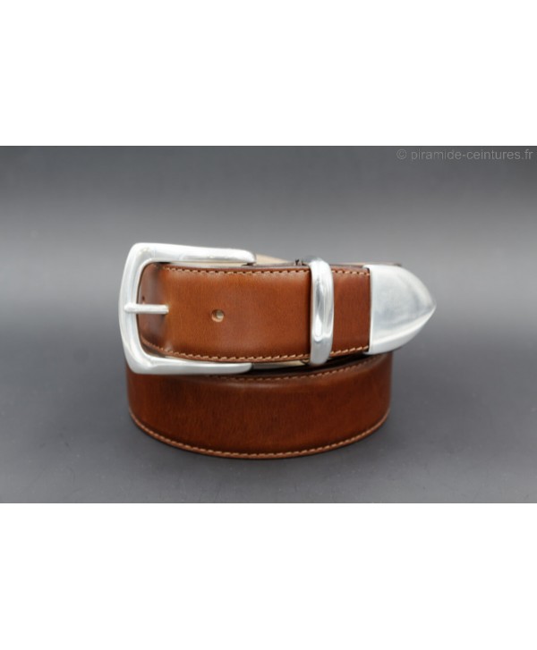 Cognac leather belt with nickel end cap