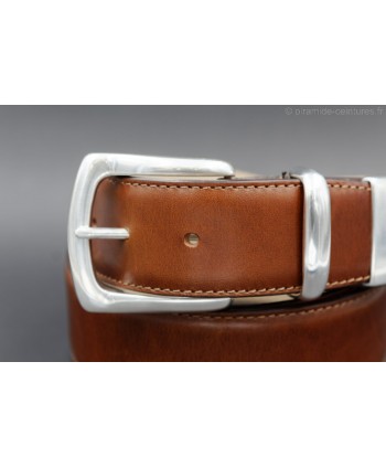 Cognac leather belt with nickel end cap - buckle detail