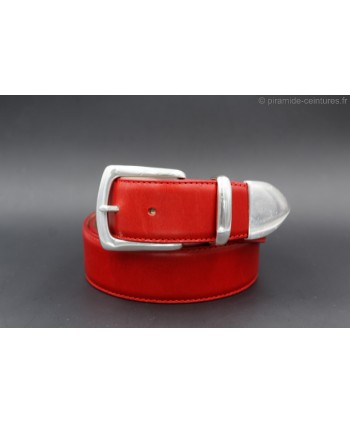 Red leather belt with nickel end cap