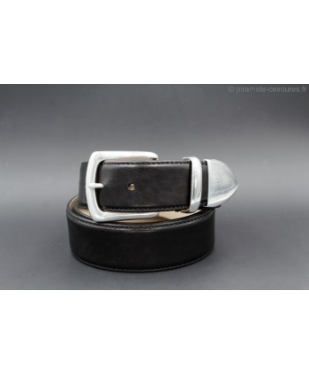 Black leather belt with nickel end cap