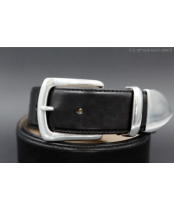 Black leather belt with nickel end cap - buckle detail