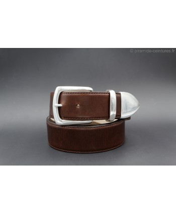 Brown leather belt with nickel end cap