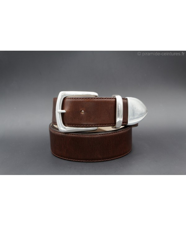 Brown leather belt with nickel end cap