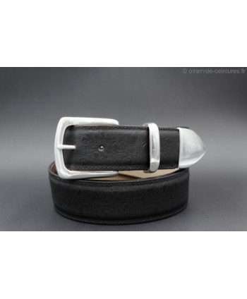Black Ostrich-style leather belt with full metal tip