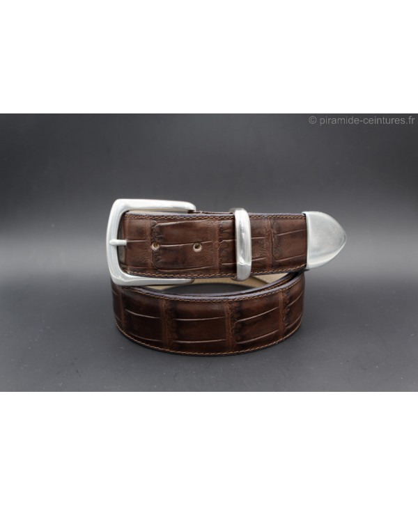 Dark brown crocodile-style leather belt with full metal tip