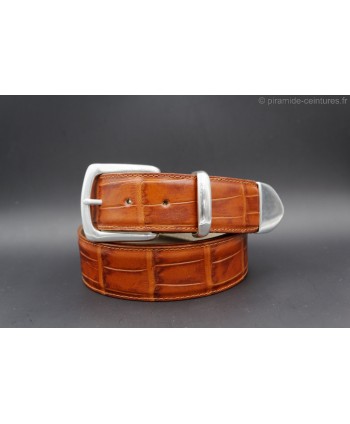 Cognac crocodile-style leather belt with full metal tip