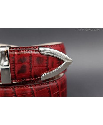 Burgundy croco-style leather belt with metallic tip - detail