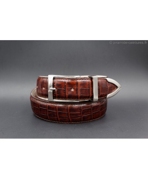 Dark brown croco-style leather belt with metallic tip