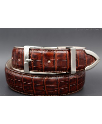 Dark brown croco-style leather belt with metallic tip - detail