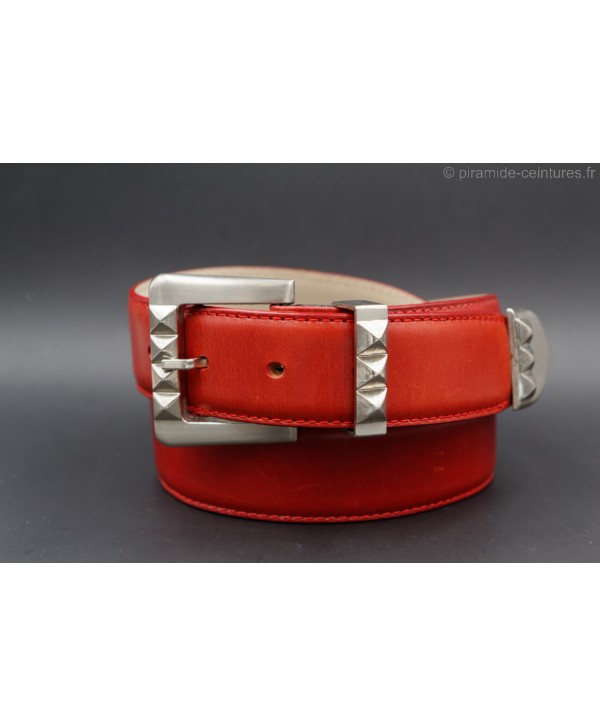 Red smooth leather belt with metal tip