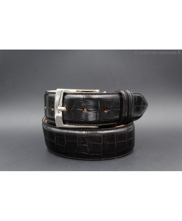 crocodile-style black leather belt width 40mm - nickel buckle