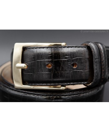 crocodile-style black leather belt width 40mm - golden buckle - detail