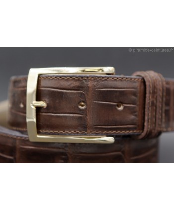 crocodile-style dark brown leather belt width 40mm - golden buckle - detail