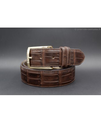 crocodile-style dark brown leather belt width 40mm - golden buckle