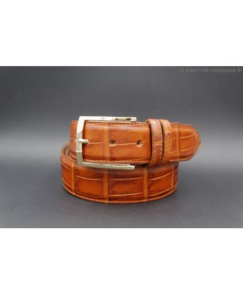 crocodile-style cognac leather belt width 40mm - golden buckle