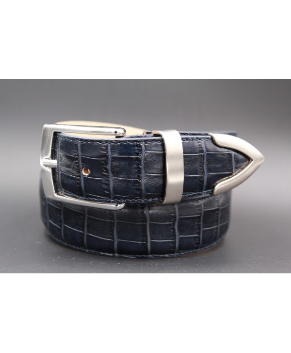 Navy blue croco-style leather belt with metallic tip
