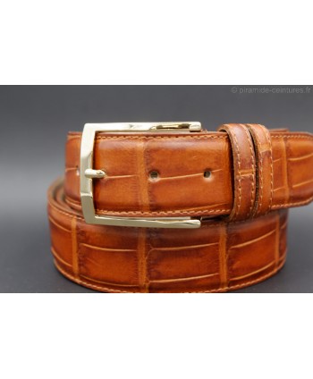 crocodile-style cognac leather belt width 40mm - golden buckle - detail