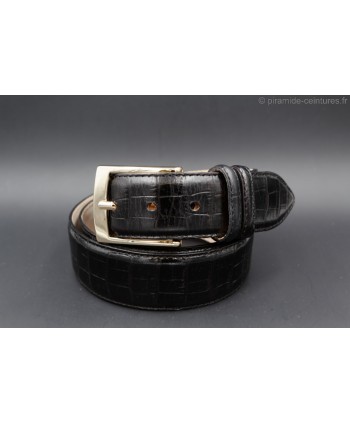 crocodile-style black leather belt width 40mm - golden buckle