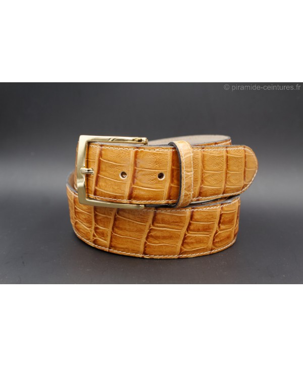 crocodile-style camel leather belt width 40mm - golden buckle