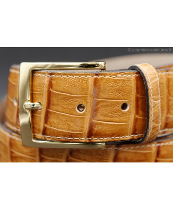 crocodile-style camel leather belt width 40mm - golden buckle - detail