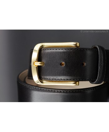 Black smooth leather belt 40mm - golden buckle - detail