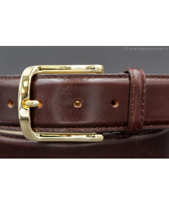 Dark brown smooth leather belt 40mm - golden buckle - detail