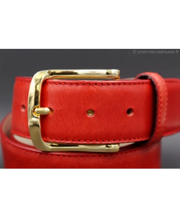 Red smooth leather belt 40mm - golden buckle - detail